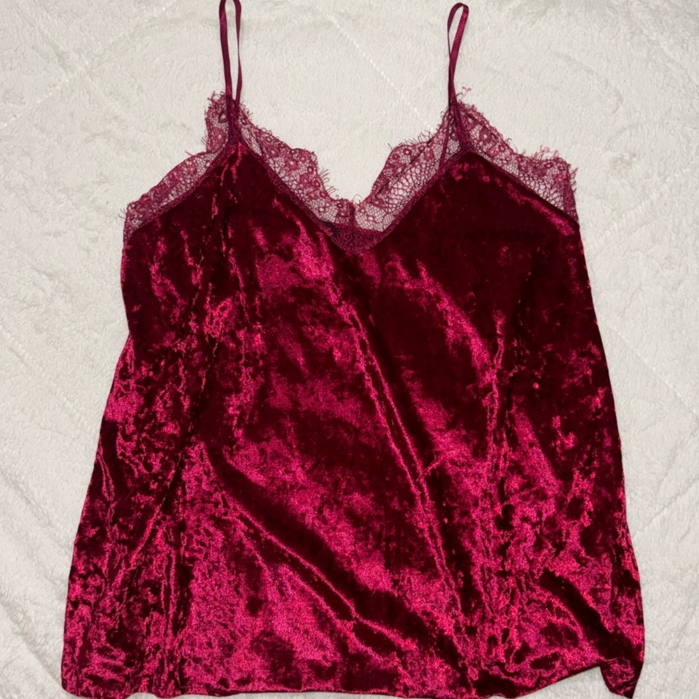Crushed velvet cami top with eyelash lace detailing
